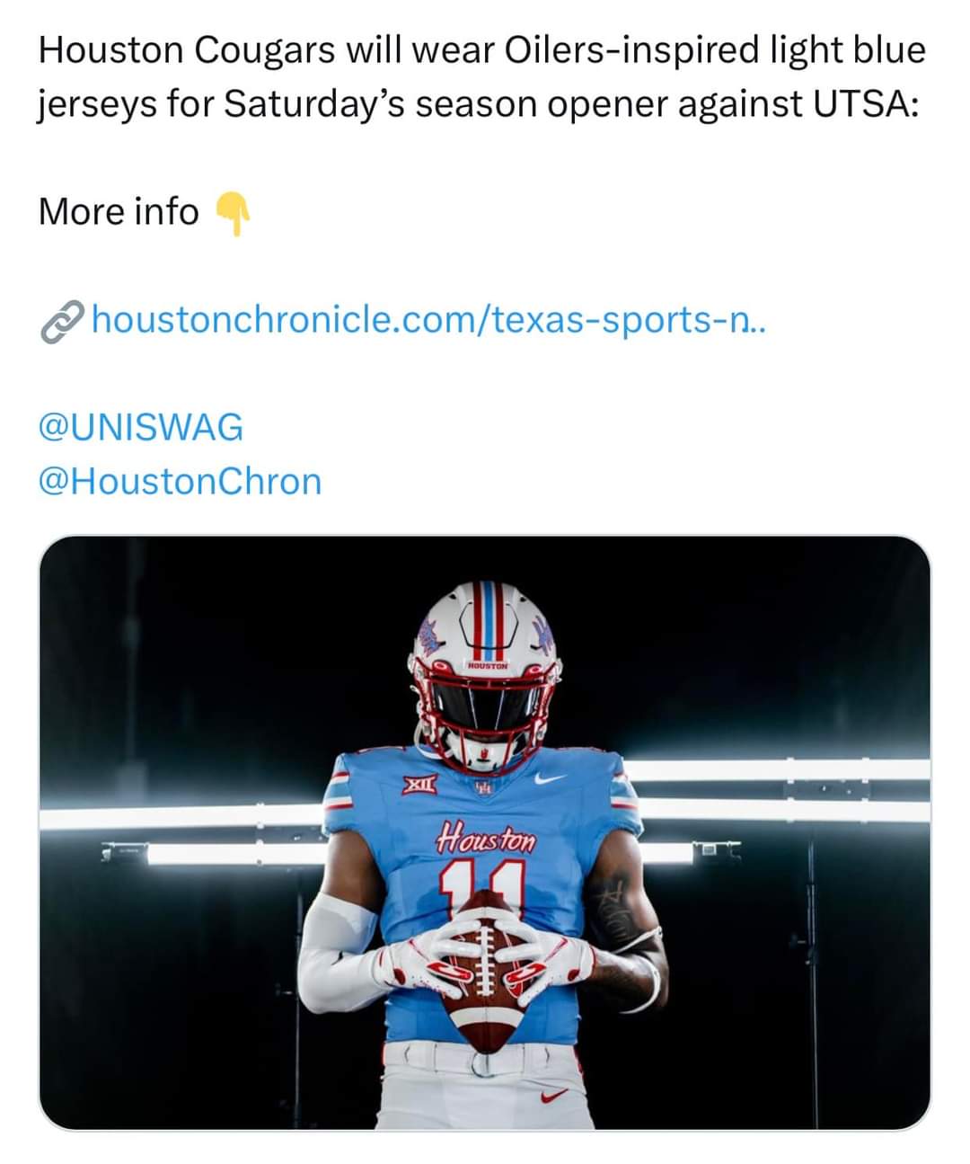 University of Houston to wear Oilers-like uniforms for Saturday's